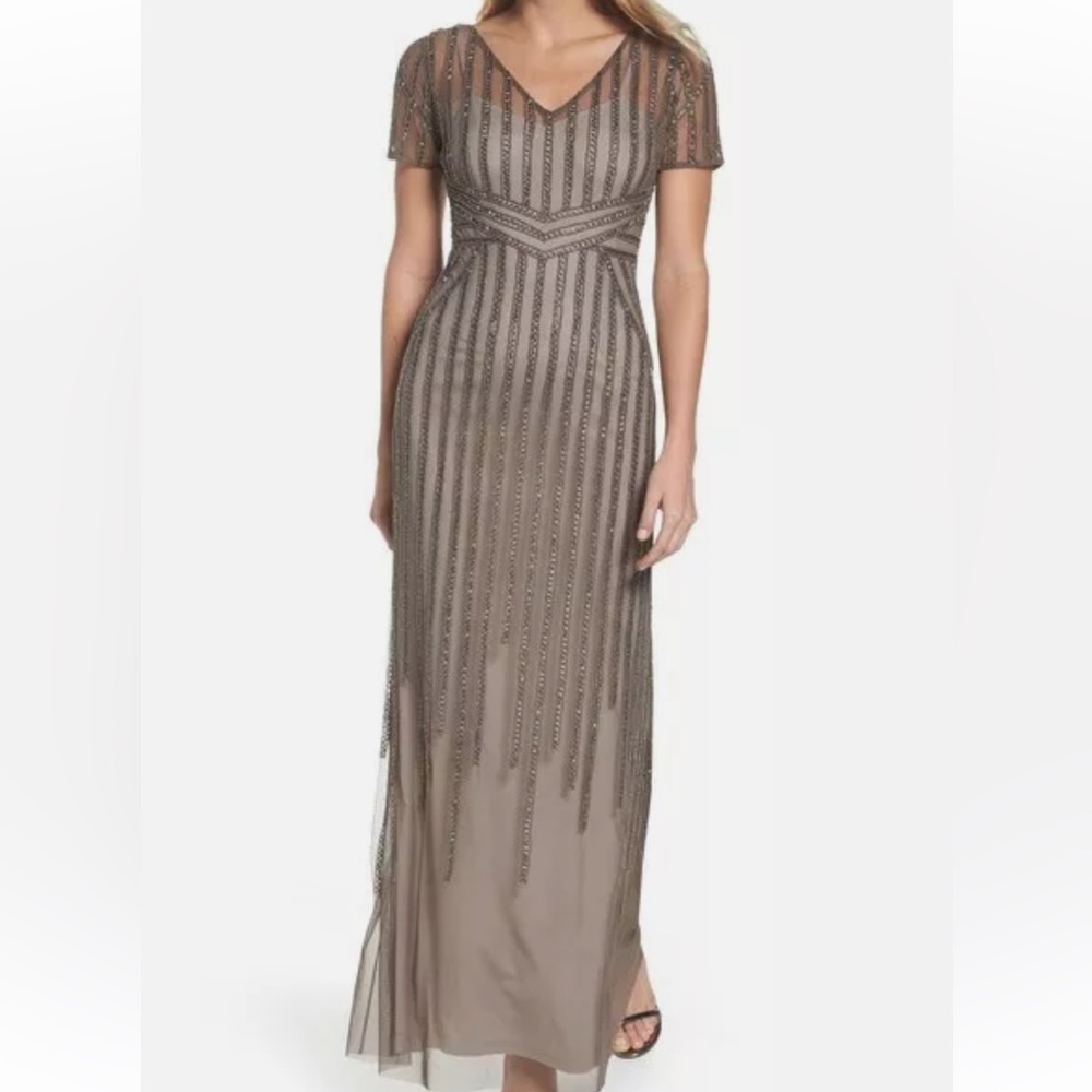 Adrianna Papell short sleeve beaded dress. Platinum color